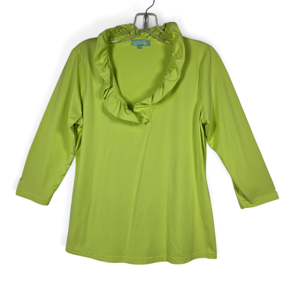 Anthony's Top Womens Small Resort Wear Lime Green Ruffle V-Neck 3/4 Sleeve Shirt